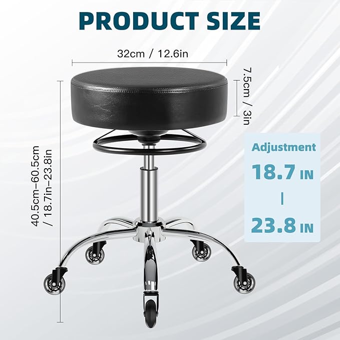 Rolling Stool with Wheels 400lbs Weight Capacity,Heavy Duty Lash Chair Adjustable for Tatoo Lab Massage Salon Spa Drafting Nail Teach,360 Swivel,Leather,Thick Seat Padding (Black)