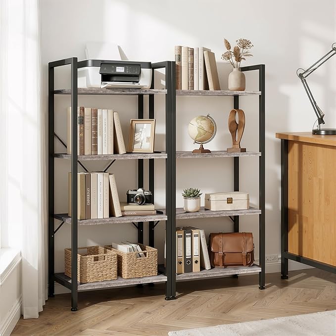 4 Tier Bookshelf, Free Standing Wooden Bookcase with Open Storage Shelves with Metal Frame, Sturdy Shelf Organization Display Rack for Living Room, Bedroom, Home Office, 39.4" Tall, Grey