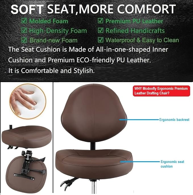 Rolling Drafting Chair with Back Support - Tall Office Chair for Standing Desk Adjustable Foot Ring Swivel Rolling Stools for Workshop Art Studio Salon Shop Counter Home Office (Brown)