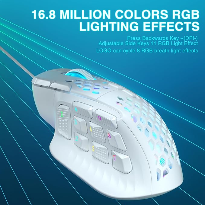 SOLAKAKA SM809 Gaming Mouse for MMO,24000 DPI,16 Programmable,RGB PC Gaming Mice,White
