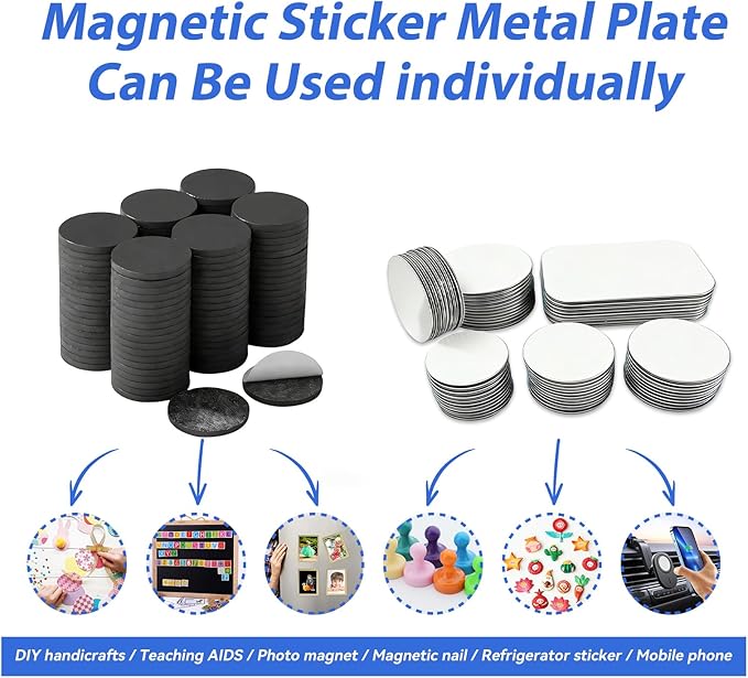 Towjug Flexible Magnets and Metal Stickers - Mixed 40 Adhesive Magnetic Set for Office, School, Crafts, Home Decor and Small Items Organization