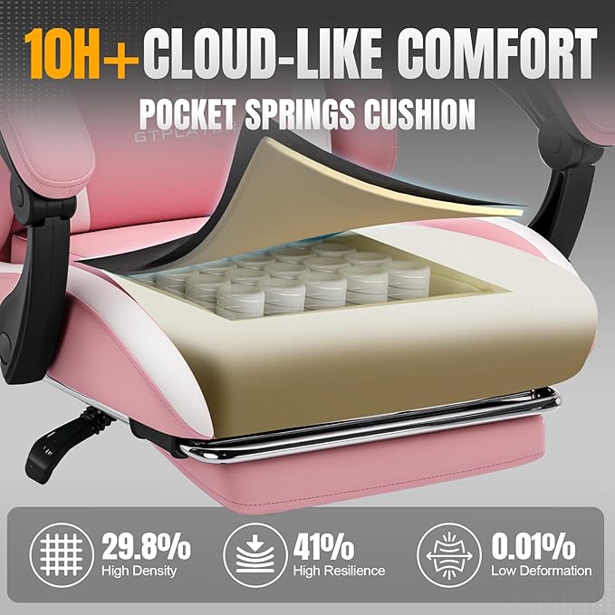 GTPLAYER Gaming Chair with Foot Rest & Pocket Spring Cushion, Ergonomic High Back Computer Chair with Headrest & 360°-Swivel Seat for Home Office Desk, PU Leather, Pink