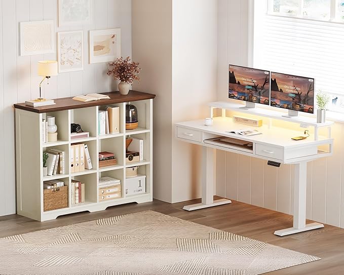 OffiGo 12 Cube Organizer Bookcase, Modern Farmhouse Open Shelf for Storage Bins & Decor, Display Bookshelf Console Closet for Living Room, Bedroom, Home Office, Walnut+White