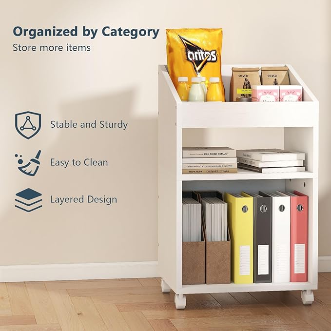 3-Tier Mobile Files Cabinet, Under Desk White Storage Organizer with Wheels for Home Office (White)