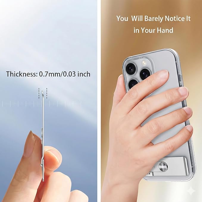 Phone Slim Stand Ultra Thin Kickstand, Unnoticeable Universal Vertical Horizontal Steel Metal Stable Mount Attachable Pocket Friendly Phone Holder for iPhone Samsung Phone Case (Sliver 1-Pack)
