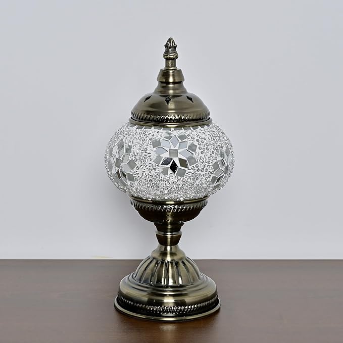 GOGERS Turkish Moroccan Table Lamp Lantern with Handmade Mosaic Glass Lampshade Tiffany Style Bohemian Stained Glass Decorative Desk Lamps Bedside Night Lights for Bedroom (White Fancy)