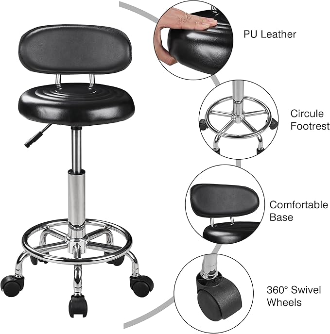 VECELO Home Office Desk Chair with Backrest & Wheels | PU Leather Rolling Office Chair for Drafting, Salon, Spa(Black, with Back)