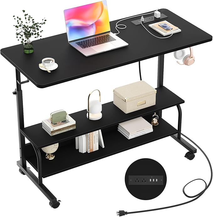 Armocity Rolling Standing Desk with Power Outlets, 39" Manual Height Adjustable Mobile Computer Desk with Wheels, Small Portable Sit Stand Laptop Couch Table for Bed & Sofa Home Office, Black