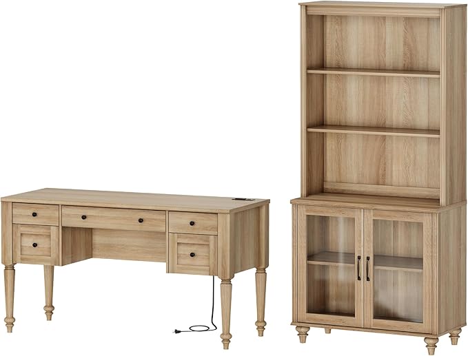 WAMPAT Home Office Furniture Set, 56'' Executive Desk with Charging Station, 72" Tall Bookcase with 2 Glass Doors, Wood Computer Desk with File Cabinet Storage, Open Shelf, Oak