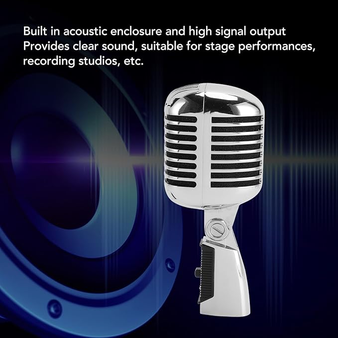 Classic Retro Microphone, Vintage Dynamic Microphone, Zinc Alloy Self Tensioning Rotating Rack, Unidirectional Cardioid Mic, Universal Stand Compatible (Silver)