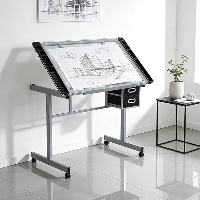 Magshion Professional Drafting Table for Adults Teens, Tilting Glass Tabletop Art Craft Desk Diamond Watercolor Paintings Sketching Work Station for Home Office Reading, Writing, Crafting (Clear)
