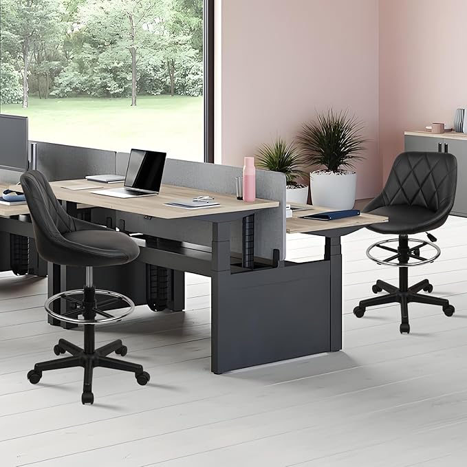 KLASIKA Drafting Chair with Back, Leather Rolling Swivel Stool with Adjustable Height and Footrest, Ergonomic Tall Standing Desk Office Chairs with Wheels for Home Work Shop Kitchen Bar, 4PK