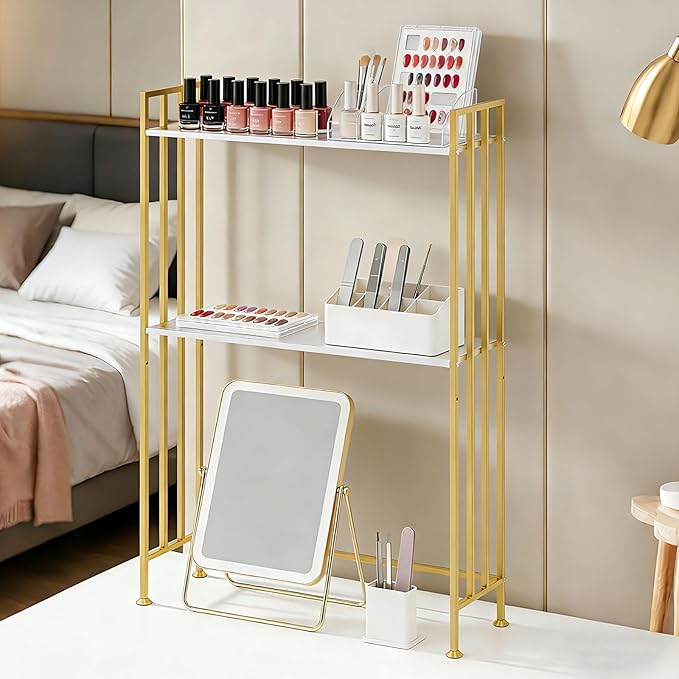 Adjustable Desk Hutch Dorm 2-Tier Rust-Proof Iron Desk with Hutch & Desk Shelf for Top of Desk | Multi-Surface Organizer for Office, Kitchen（Gold）