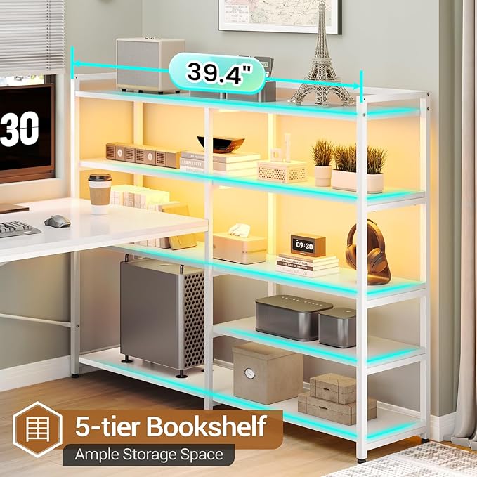 SEDETA L Shaped Office Desk with Drawers, 64.5" Reversible Computer Desk with Storage Shelves and Power Outlet, Corner Gaming Desk with LED Strip for Home Office, White