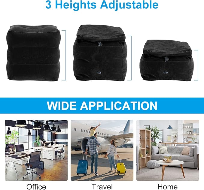 PATIKIL Travel Foot Rest Pillow, Inflatable Foot Rest Mat Adjustable 3 Layers Height Sleep Flights Leg Rest Pillow for Airplane Train Office, Black