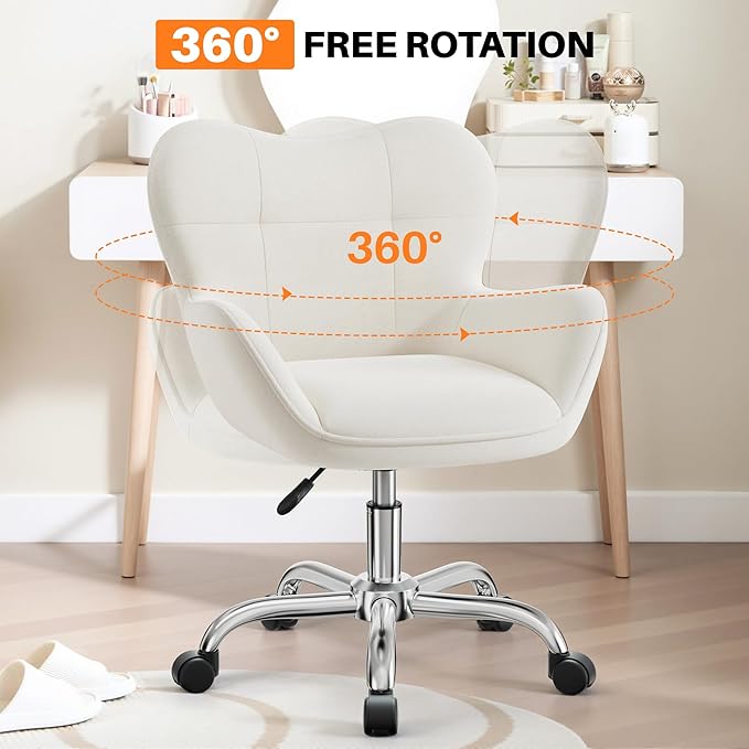 Vanity Chair with Wheels, Cute Home Office Desk Chairs Adjustable Height for Living Bedroom, Small Modern Fluffy Velvet Makeup Chair with Back for Girls (White)