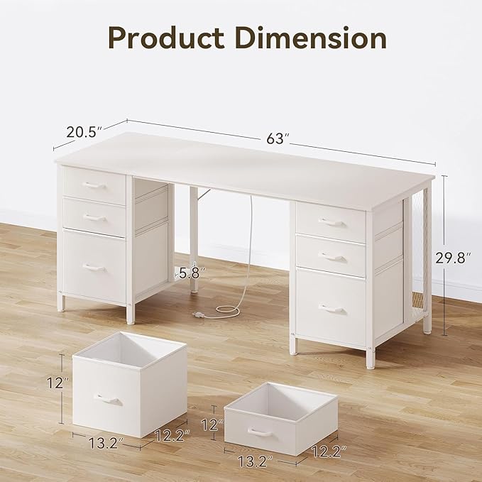 Casaottima 63 Inches Computer Desk with 6 Fabric Drawers, Modern Office Desk with Large Storage for Home Office, Study, White