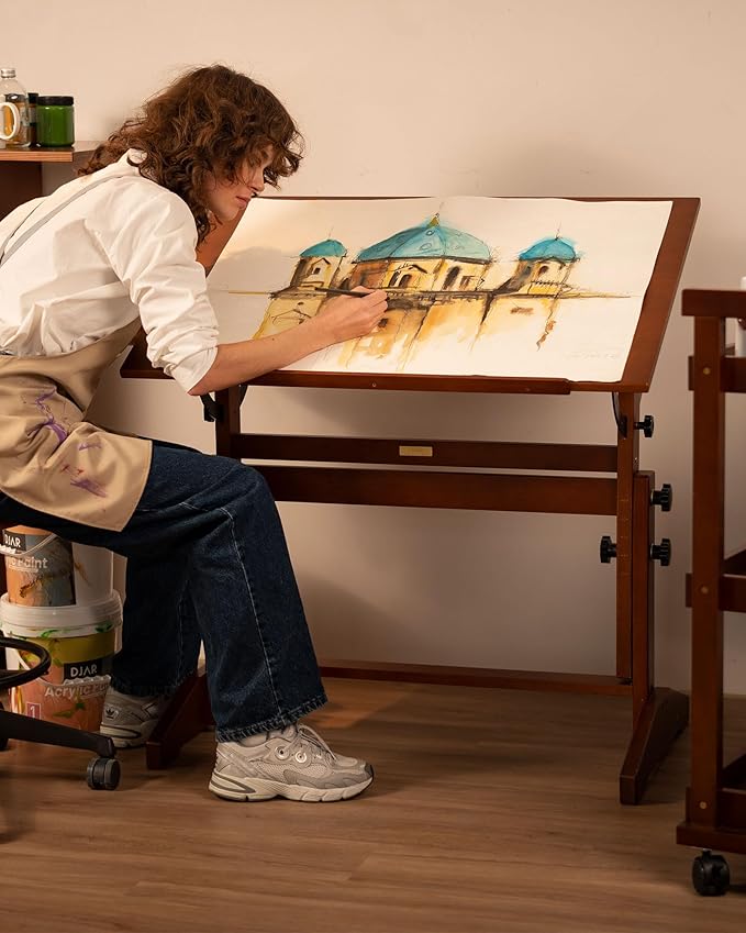 DJAR Adjustable Wooden Drafting Table, 35"x24" Walnut Drawing Desk for Art, Sketching, Painting & Writing