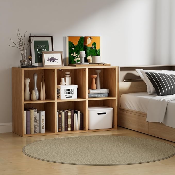 Wooden 6 Cube Storage Organizer with Closed Back Panel, Modern Open Cube Storage Shelf Bookshelf with Compartments, Cube Shelf Organizer for Living Room, Bedroom, Study Room (Wood Color)