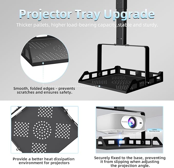 Salange 3-in-1 Projector Mount, Adjustable Height Ceiling/Wall Mount with Tray, Heavy-Duty Stand w Cable Management, Holds Up to 22 lbs, Ideal for Home Theater and Office (Black)