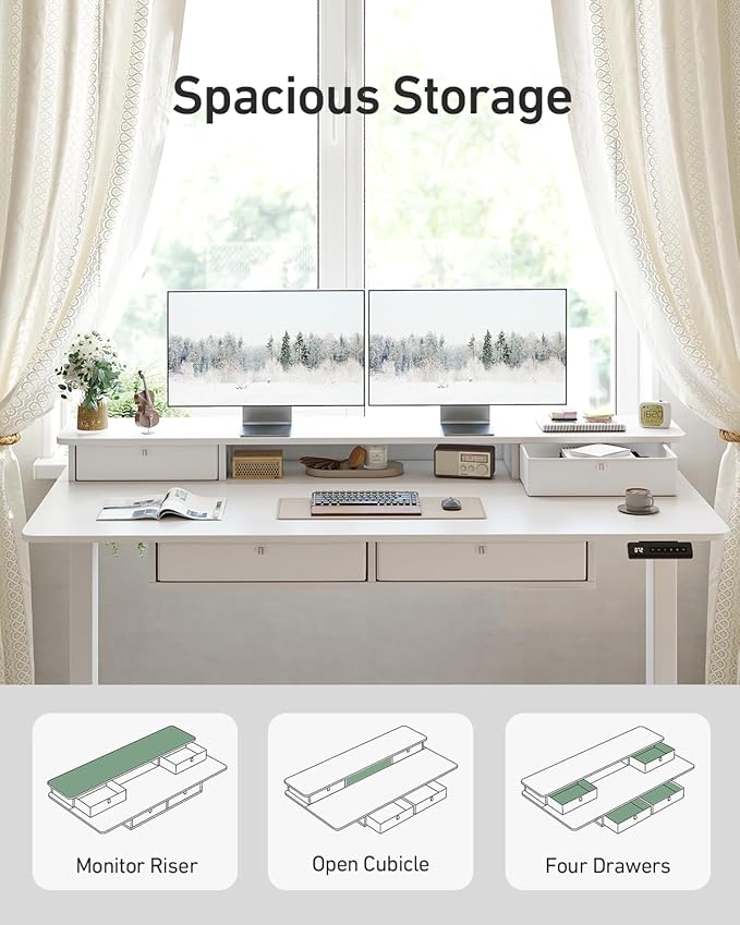 CubiCubi 48" x 24" Standing Desk with Drawers, Height Adjustable Electric Workstation, Computer Sit Stand Up Table with Large Storage Shelf 4 Drawers and 2 Hooks, White