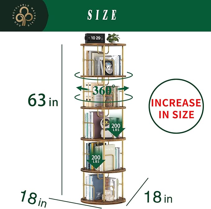 5Tier Rotating Bookshelf, 360 ° Display Stackable Spinning Bookshelf Tower,Round Space Saving Tall Floor Standing Swivel Bookcase Corner Storage Organizer for Bedroom/Living Room/Office，Gold