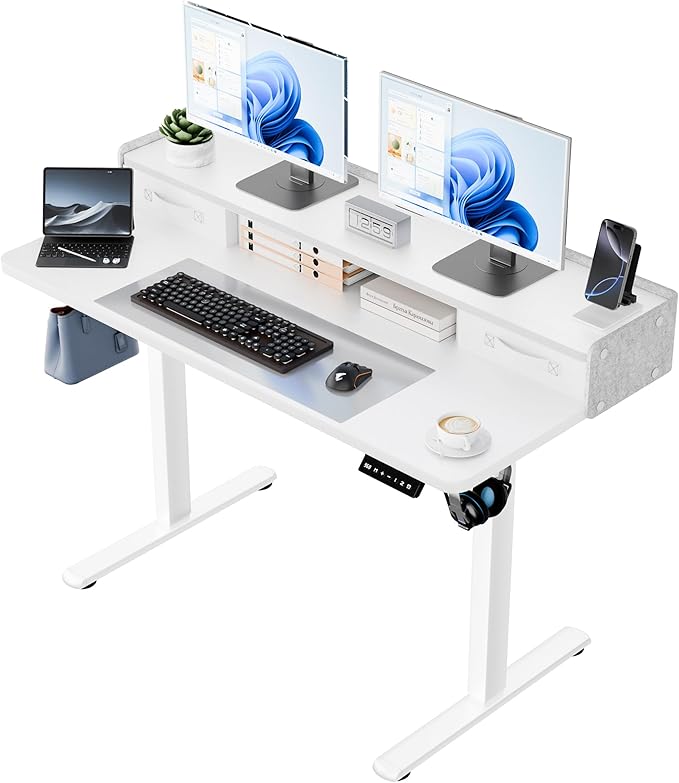 YESHOMY 48" x 23" Electric Standing Desk with 2 Storage Drawers, Height Adjustable Computer Desk, Low Noise Home Office Stand Up Desk with 2 Preset Heights & 2 Hooks, White