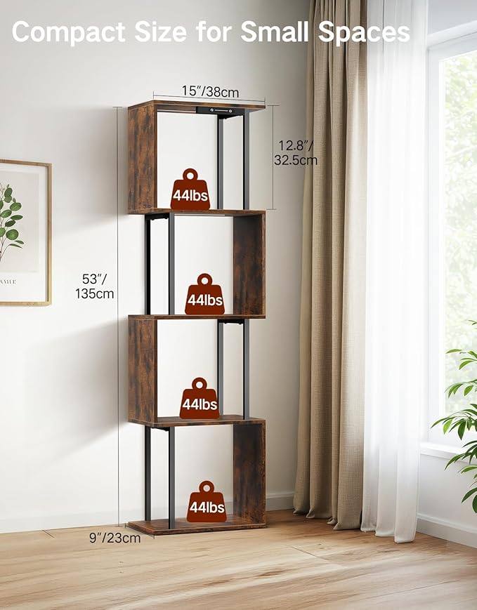 5 Tier S-Shaped Geometric Bookshelf with LED Light, 3 Color Temperatures, Touch & Remote Control, Dimmable Standing Bookcase, Small Display Shelf for Living Room, Bedroom, Office