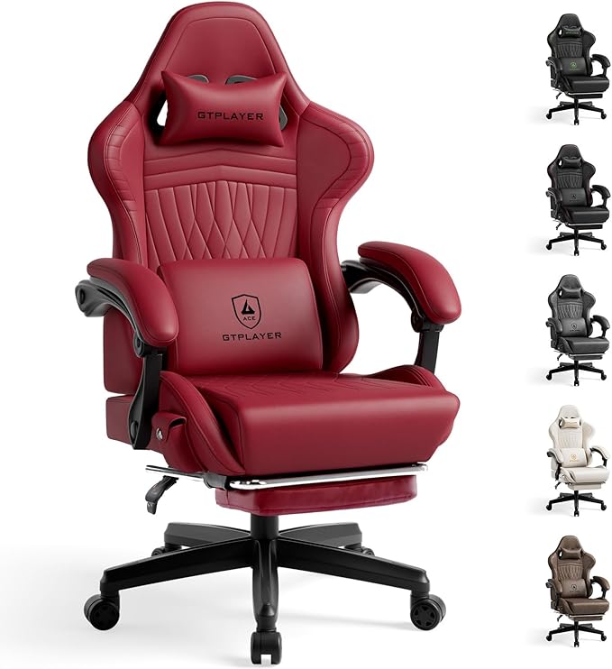 GTPLAYER Gaming Chair with Speakers, Video Game Chairs with Footrest, PC Gamer Chairs for Adults - Padded High Back Ergonomic Reclining Silla Gamer, Linkage Armrest, Ace Pro, Wine Red New