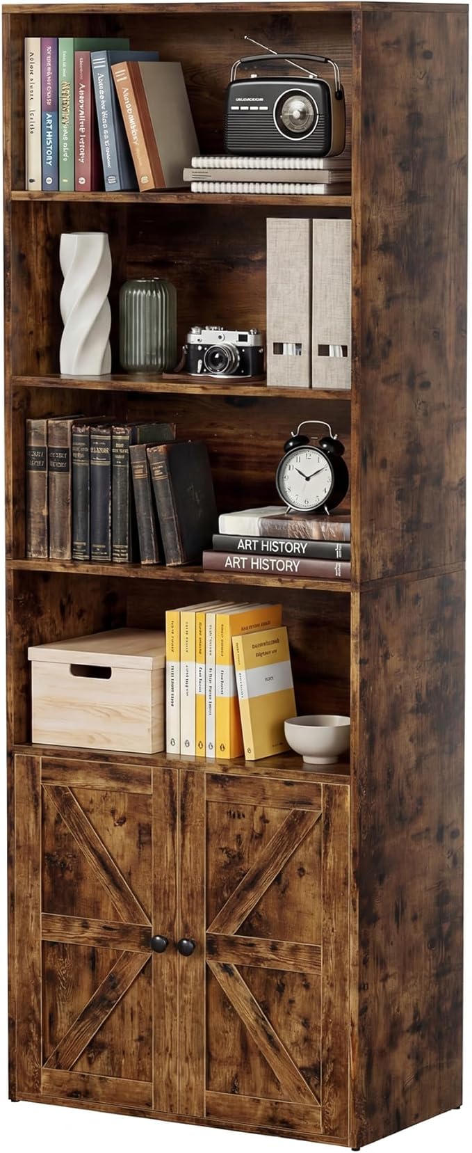 YESHOMY Farmhouse Bookshelf and Bookcase with Doors, Industrial Bookshelves and Bookcases Floor Standing Display 6-Tier Shelf Storage 71.5 inchs for Home Office, Living Room, Rustic Brown, 1 PCS