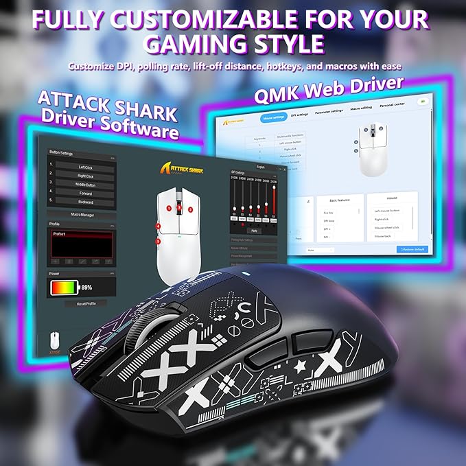 MAMBASNAKE Attack Shark X11SE Lightweight Wireless Gaming Mouse, Tri-Mode 2.4G/USB-C Wired/BT, 22K DPI, PAW3311 Optical Sensor, 59g, 5 Programmable Buttons, 300mAh Battery for PC/Mac(Black-Griptape)