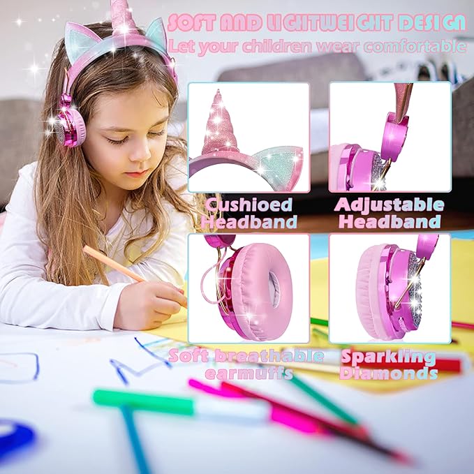 SVYHUOK Cat Ear Wireless Headphones for Kids with Mic, Bluetooth Over Ear Headset for School Cellphone Smartphones Laptop PC,FM&85db Volume liminted&LED Light,Wired Headset for School Home (Good)