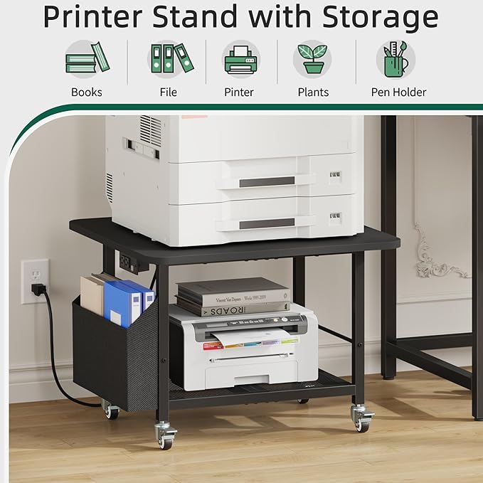 YAOHUOO 23.6"×23.6" Large Priner Stand with Power Outlet, Printer Table with Storage Side Pocket, Heavy Duty Rolling Cart for Home Office 3D Printer/Laser/Heat Press Table, Black
