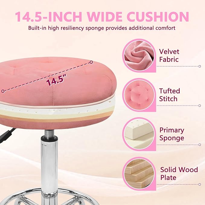 KLASIKA Velet Rolling Bar Stool with Wheels, Tall Drafting Stool with Adjustable Height and Footrest, Multi-Purpose Office Desk Chair for Home Kitchen Shop Work, Pink (2PK)