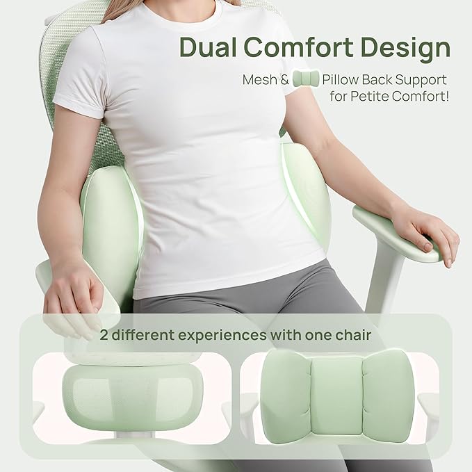CabLady S1 Petite Ergonomic Home Desk Chair with Footrest and Headrest, High Back Fixed Lumbar Support with Detachable Pillow, Reclining Cute Office Chair for Women & Girls, 300 LBS Capacity