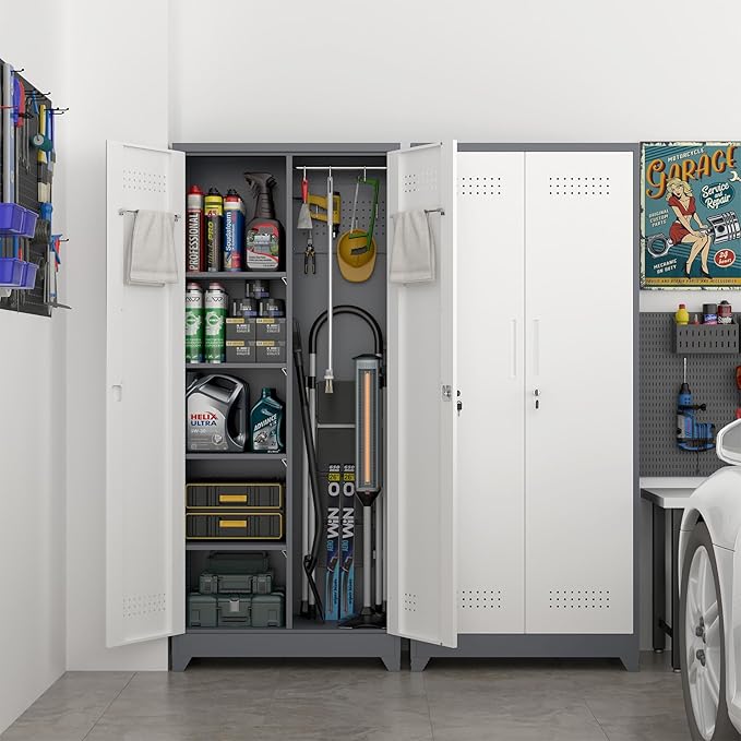 IRONFFICE Metal Garage Storage Cabinet with 2 Doors,72" H Steel Locking Storage Cabinet with Adjustable Shelves,Lockable Tool Cabinets for Office,Home,Garage,Gym,Grey-White