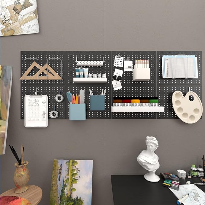 Metal Pegboard,4 Pack Metal Pegboard Panels With 8 Hooks,Black Pegboard Wall Organizer,16"x12" Steel Peg Boards for Walls,Tools,Garage,Office
