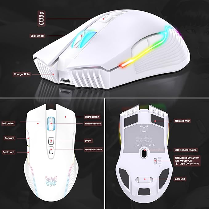PHNIXGAM Rechargeable Wireless Gaming Mouse, Ergonomic RGB Computer Mouse with 2.4G Receiver, RGB Backlight, Adjustable DPI Up to 3600, 7 Buttons (Not Programmable) for Windows Vista Linux (White)