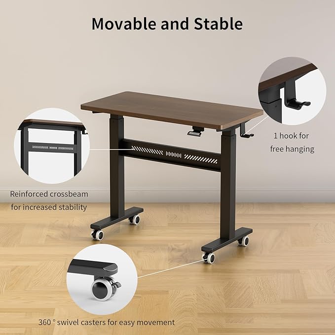 WALKINGDESK Mobile Walking Pad Desk with Wheels, Pneumatic Small Rolling Standing Desk Riser Height Adjustable (28-43.7") for Treadmill, Portable Computer Table for Home Office, Black Walnut