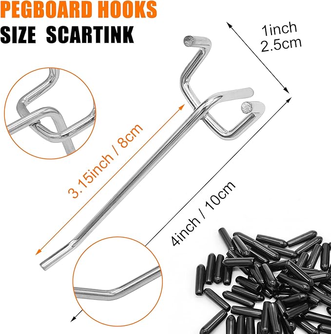 Scartink Pegboard Hooks Pegboard Accessories,4 inch,Pegboard Organizer Kit for Garage Organization,Tool Storage, 25 Pack