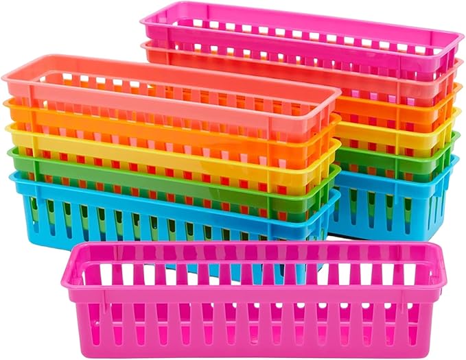 RAUVOLFIA 12 Pack Classroom Pencil Organizer Pencil Basket or Crayon Basket, Small Pencil Holder Tray for Kids Desks (Multi-colored)