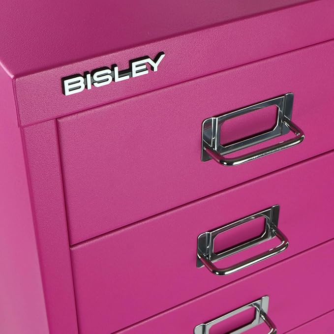Bisley 6-Drawer Steel MultiDrawer Cabinet - Fuchsia, Chrome Pull Handles with Label Holders, Powder-Coated Steel, Removable Drawers, Fits Under Most Desks, Labels Included