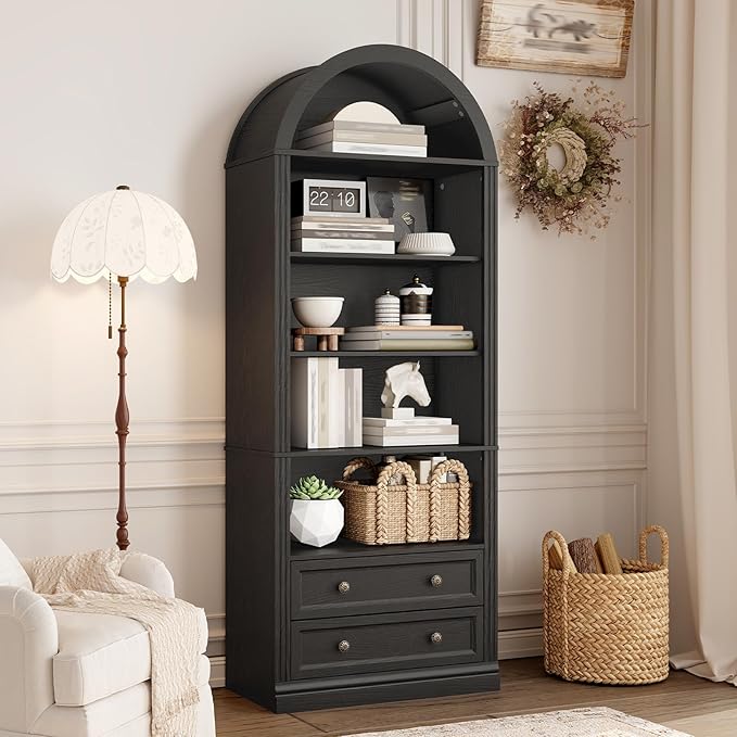 RALGEND Farmhouse Arched Bookshelf, 7 Tiers Arch Bookcase with 2 Spacious Drawers, Modern Book Shelf with Open Display Shelves and Storage Cabinet, for Office, Living Room, Kitchen, Black