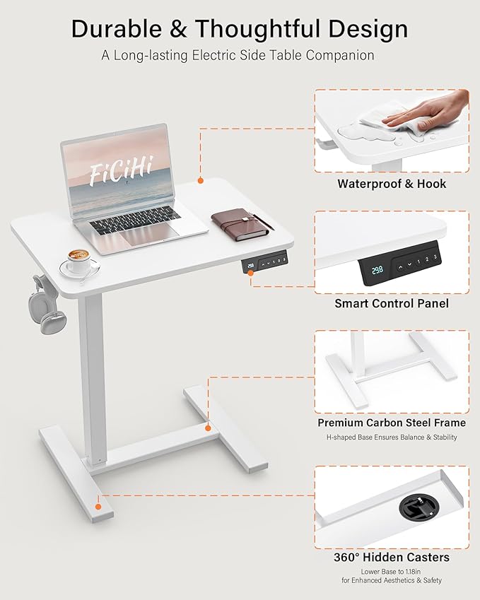 FiCiHi Electric Standing Desk with Wheels – Adjustable Height Mobile Sit-Stand Laptop Table, Portable Rolling Small Computer Workstation for Home Office & Bedside Use (28"x16", White)