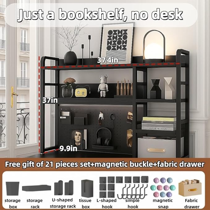 Desktop Bookshelf, pegboard Storage and Organization Rack, Dorm Desk Shelf, Desk Hutch, Desktop Storage for Office, Study, Student Display Rack,Desktop Shelves (Black 37.4" Lx9.9 Wx37 H)