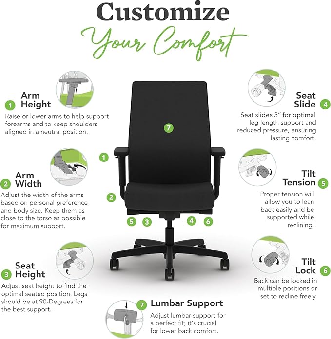 HON Ignition 2.0 Mid Back Task Chair, Spectrum Mesh, Advanced Synchro-Tilt Control, Office Chair with Lumbar Support, Height and Width Adjustable Arms, Black Frame, Linen