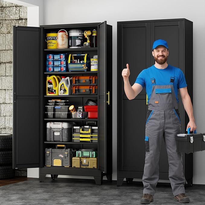 75" Metal Storage Cabinet with Adjustable Leveling Foot,Garage Storage Cabinets with 2 Doors and 5 Adjustable Shelves, Black Steel Cabinet for Office,Home,Garage