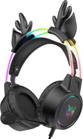 Lightweight Gaming Headset with Detachable Deer Ear, RGB Lighting, Wired Over Ear Headphones with Mic for PC, PS4, PS5, Switch, Stereo Surround Sound, Self-Adjusting Headband