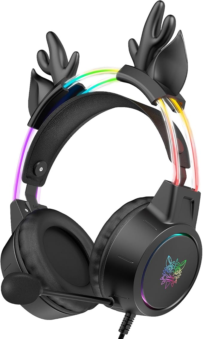Lightweight Gaming Headset with Detachable Deer Ear, RGB Lighting, Wired Over Ear Headphones with Mic for PC, PS4, PS5, Switch, Stereo Surround Sound, Self-Adjusting Headband