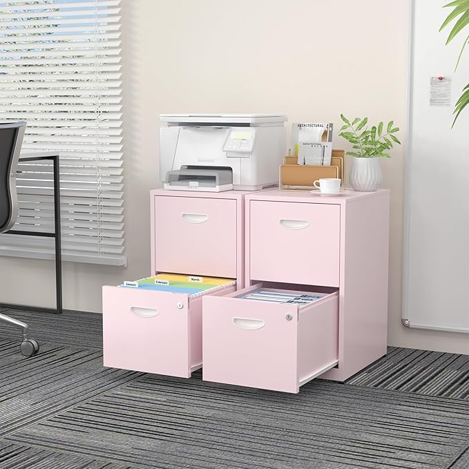 SteeLoong 2 Drawer File Cabinet with Lock,Pink Metal Office Drawers Filing Cabinets for Home Office, Two Drawer Under Desk File Cabinet for Hanging Letter,Easy Assemble